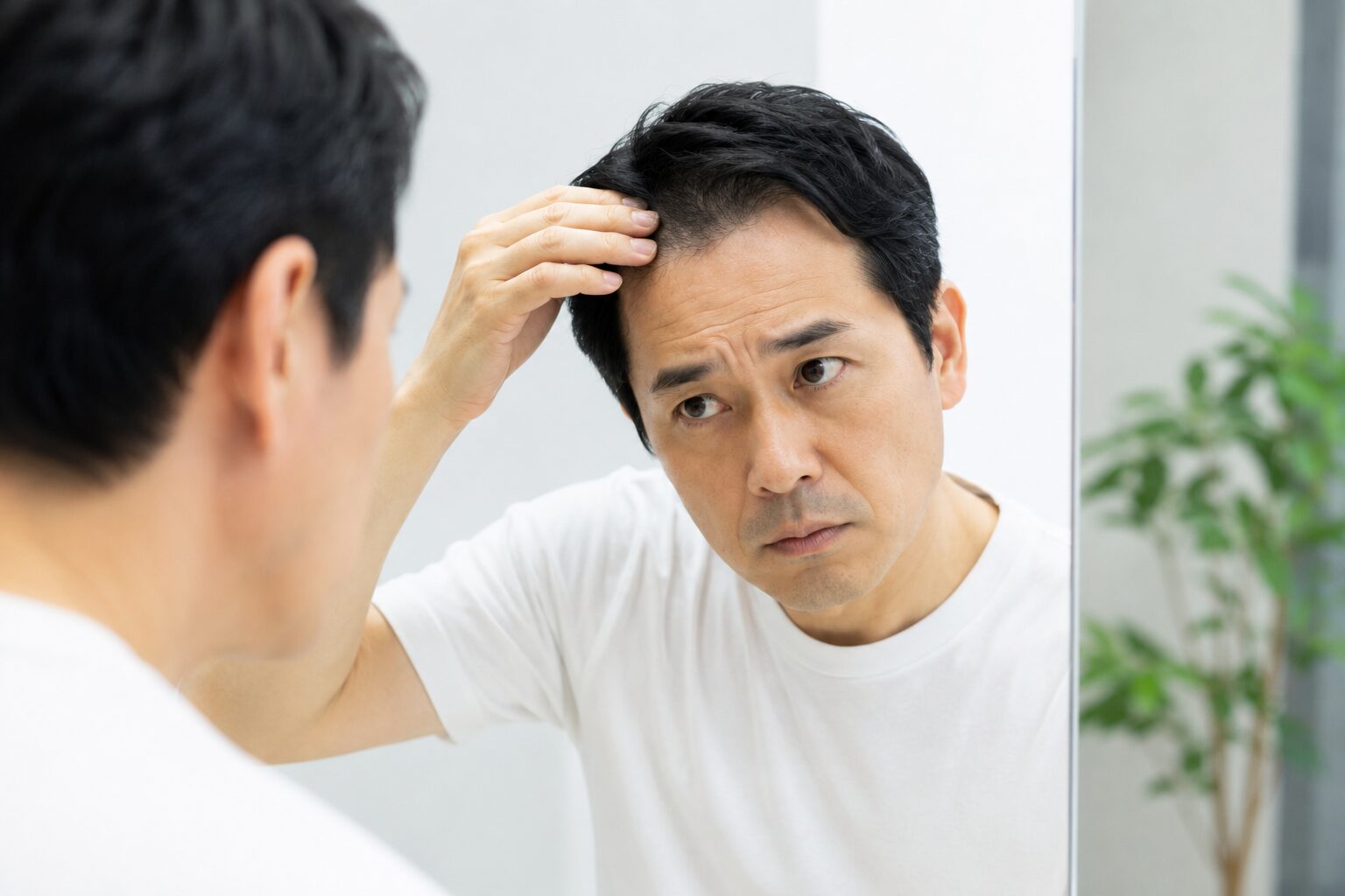 生え際を鏡で確認する男性