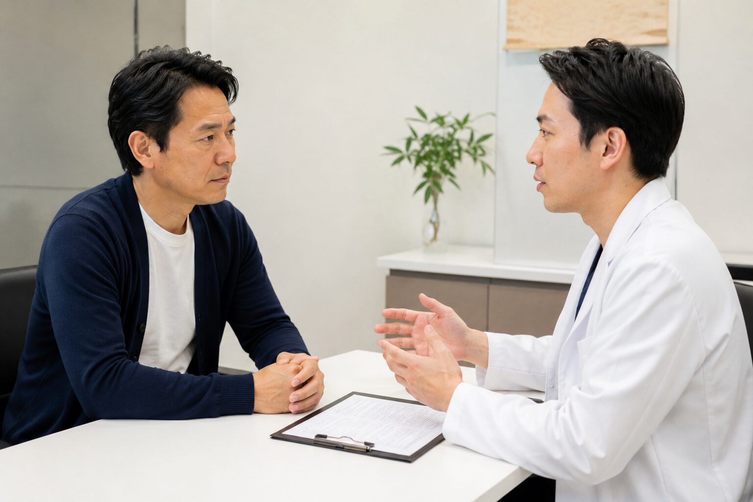 医師に自毛植毛について相談する男性