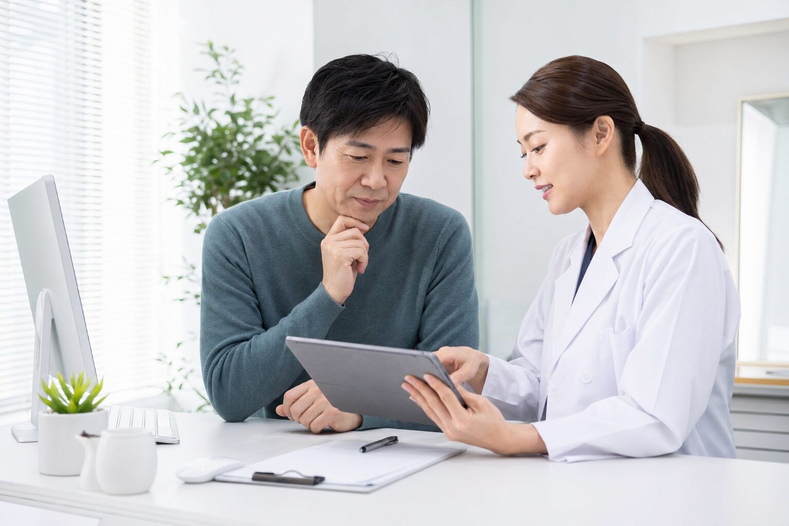 脂肪吸引の相談項目を確認する男性と医師