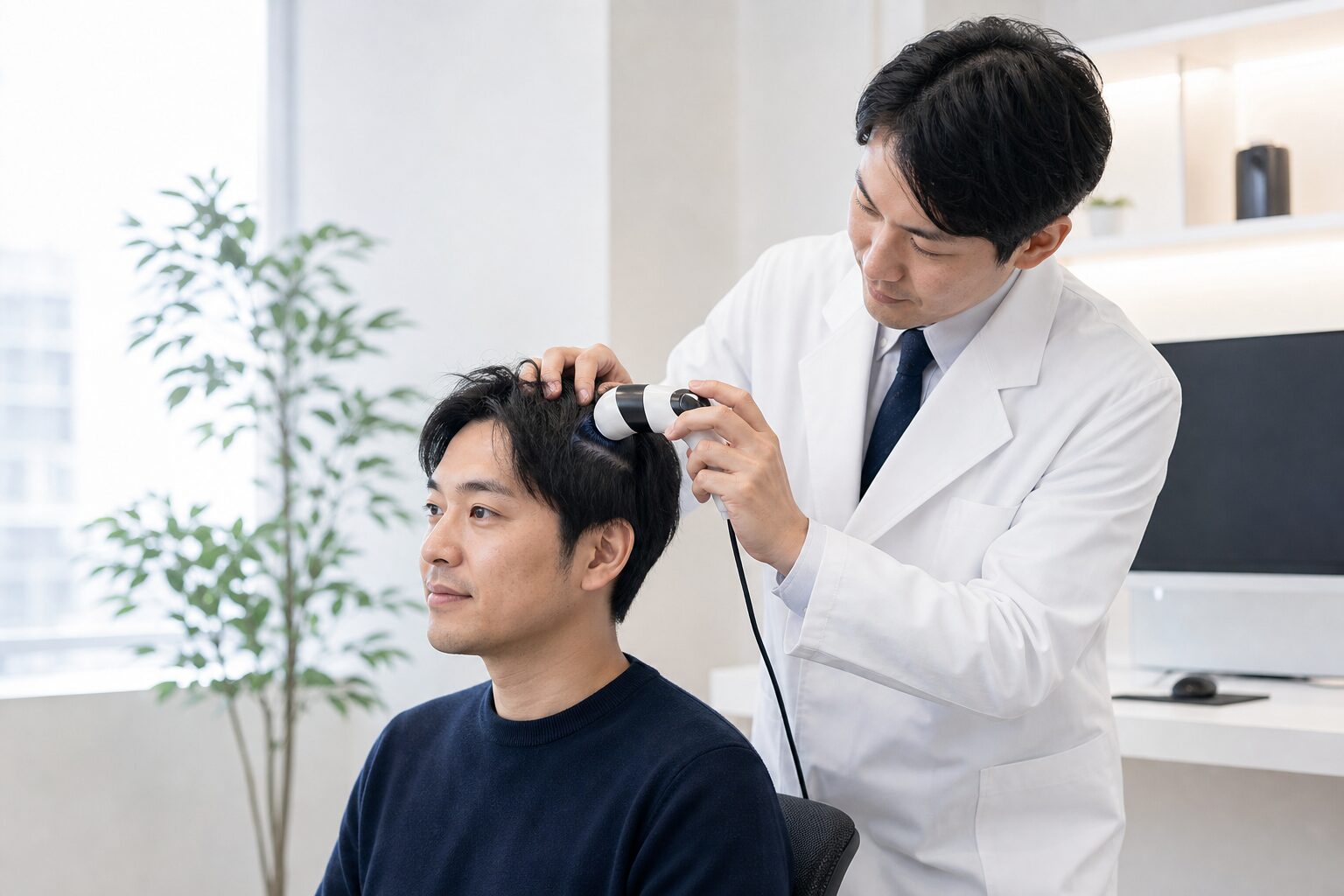 自毛植毛前に頭皮と生え際を診察するイメージ