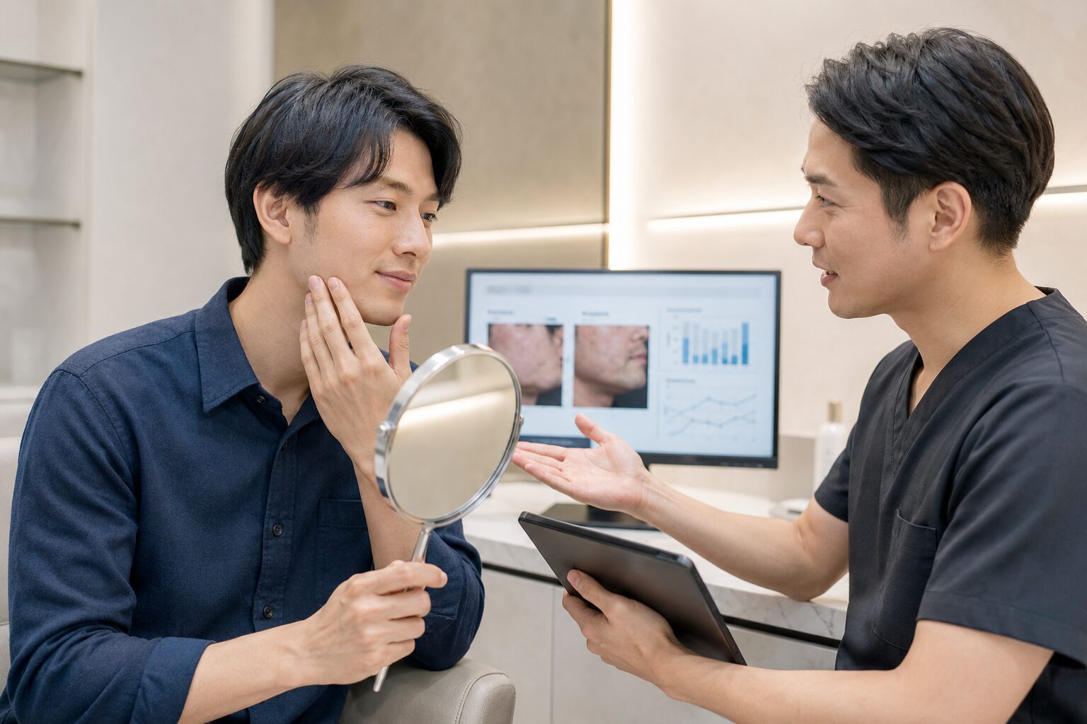 医師と施術後の肌状態や経過を確認する男性