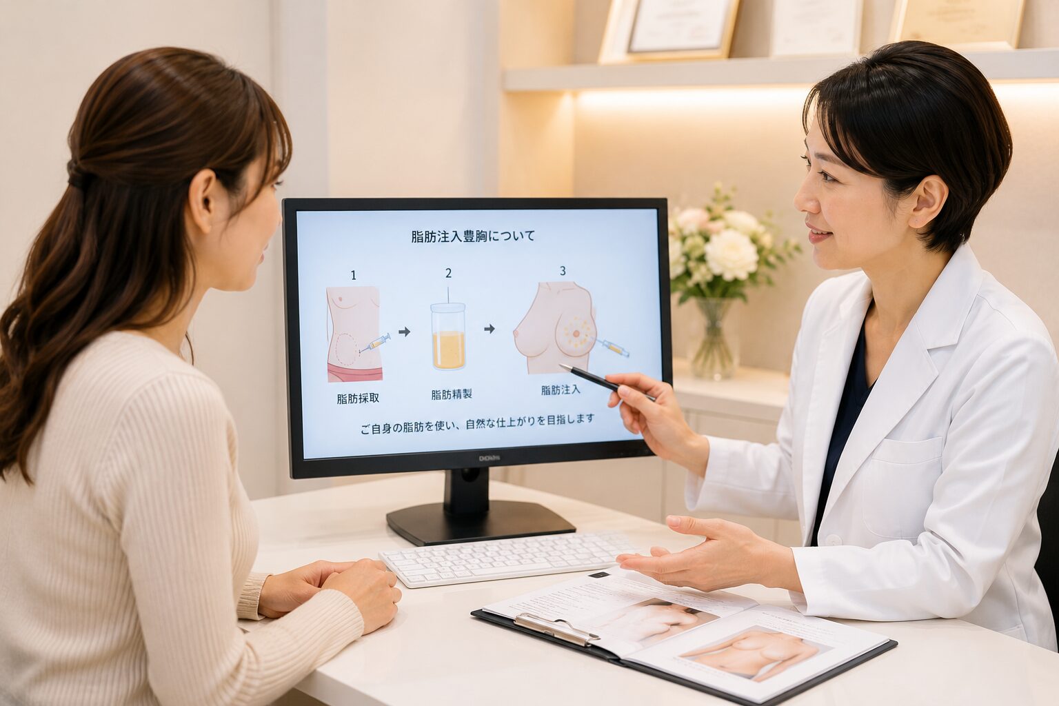 脂肪注入豊胸の説明を受ける女性